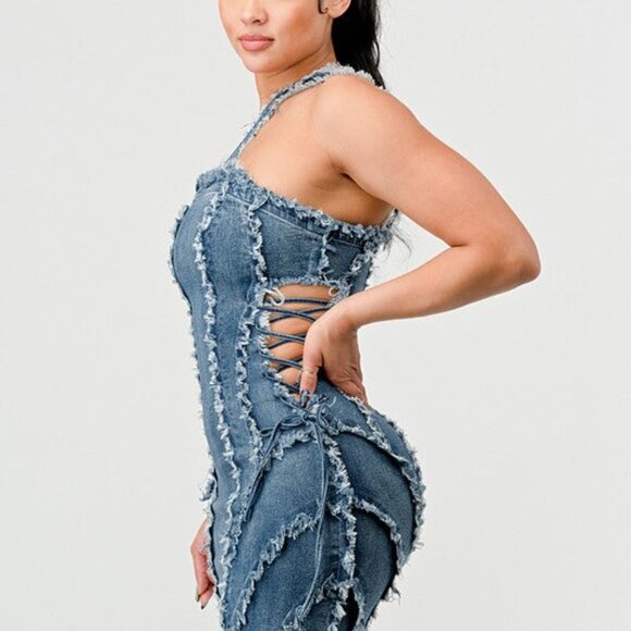 Distressed Denim Mini Dress - Picture 2 of 9